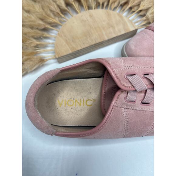 Vionic Jean Pink Suede Sneakers Size 6 Casual Comfort Shoes Elastic Lace Slip On - Picture 3 of 7